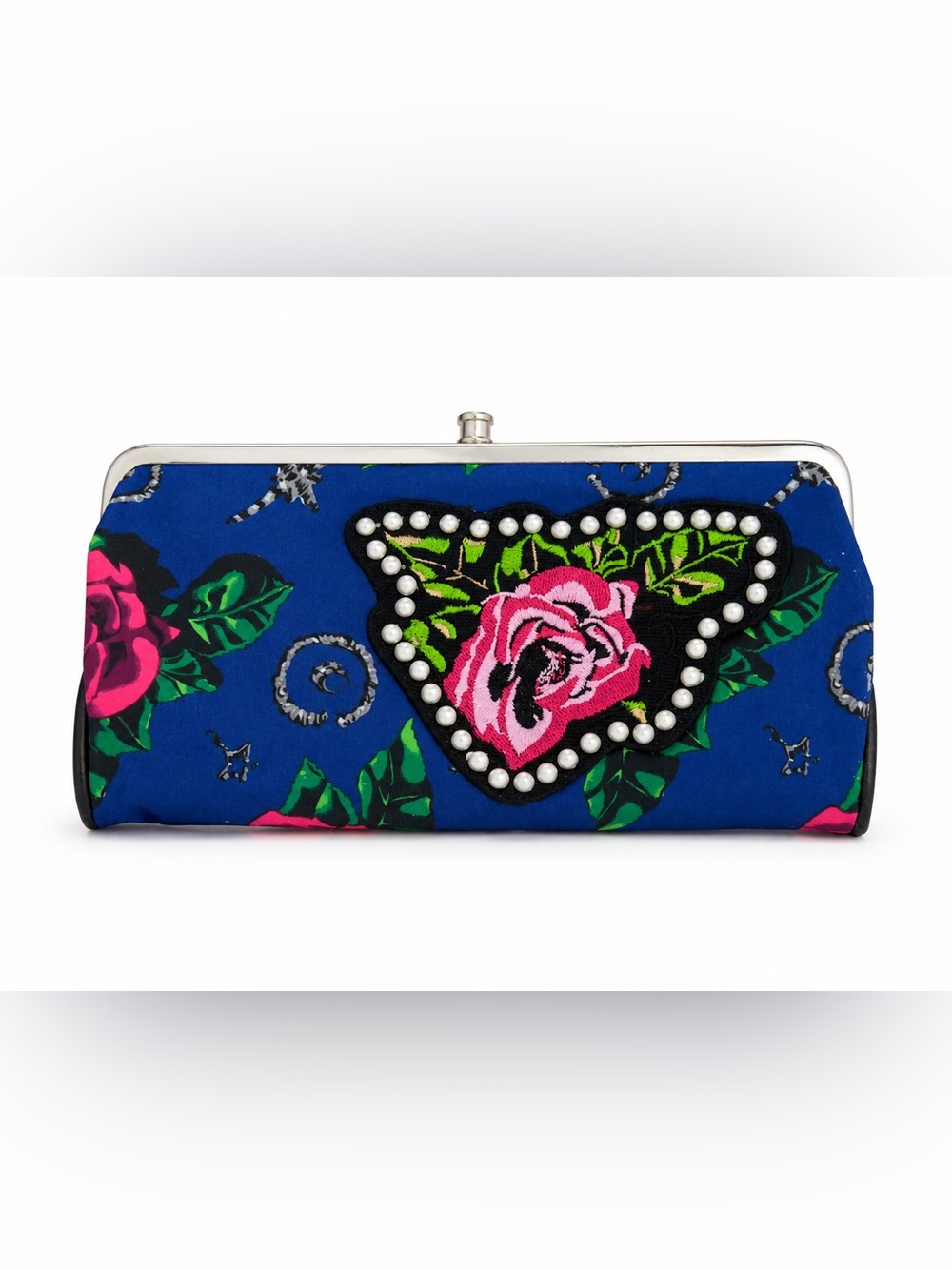 Betseyville by Betsey Johnson Floral Kiss Lock Wallet Clutch Blue Pink Roses